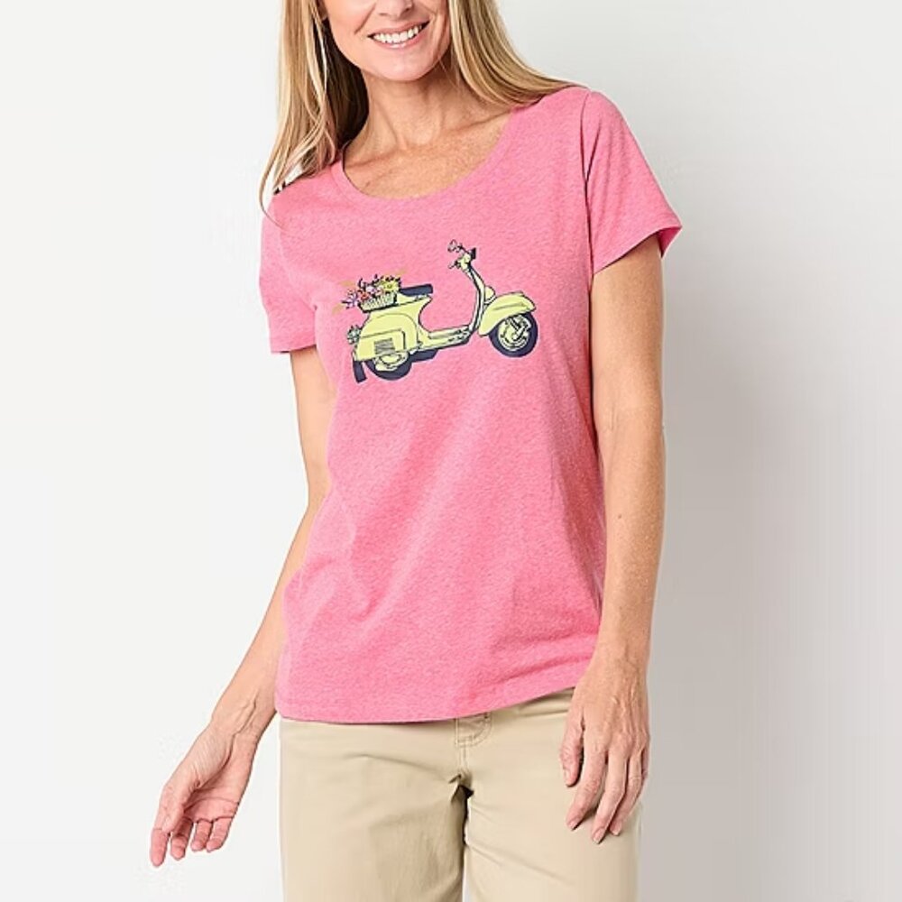 NWT St. John's Bay Women's Crew Neck Short Sleeve T-Shirt, Vespa Scooter, Pink